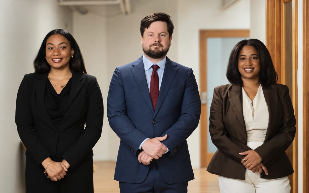 The Taft Trial Law team standing together. From left: paralegal Jarysbell Garcia, founding attorney Zachary Taft, and associate attorney Bria Lewis